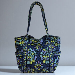 Vera Bradley Quilted Tote Bag Blue Floral Cotton Shoulder Purse